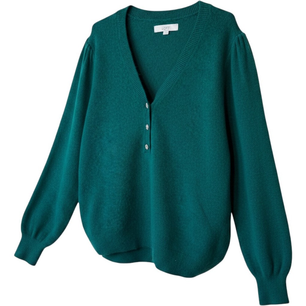 LOFT Sweater XL Green Rhinestone Button Puff Sleeve V-Neck Pullover Holiday